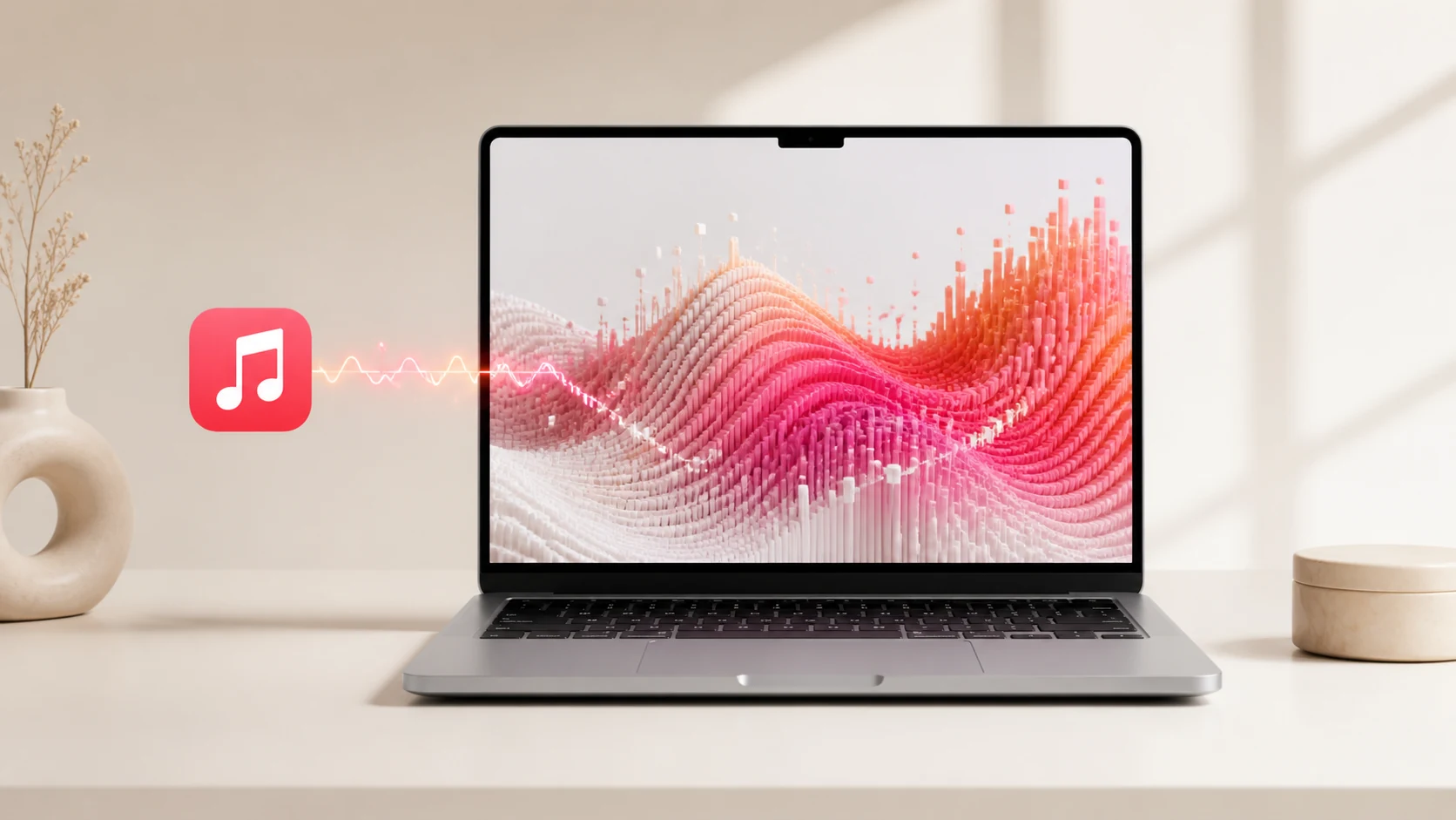 Apple Music playing on a Mac while local system audio drives a live visual scene across the desktop.