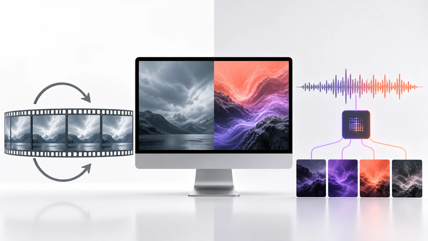 A repeating video filmstrip compared with new wallpaper frames generated from live audio.