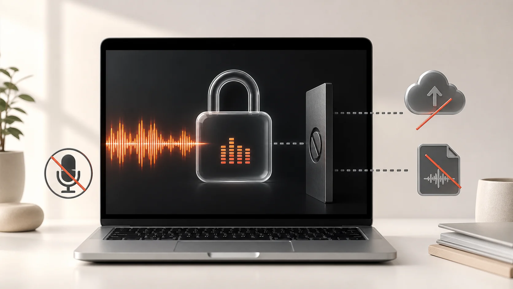 Audio processed inside a locked Mac while microphone recording, cloud upload and saved audio are blocked.