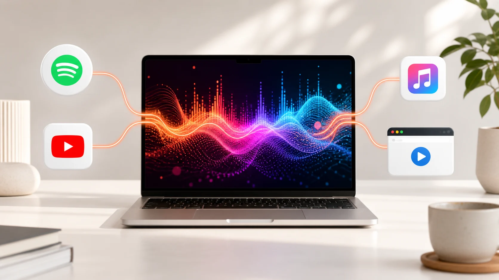 Spotify, YouTube, a music app and browser audio feeding one reactive Mac wallpaper.