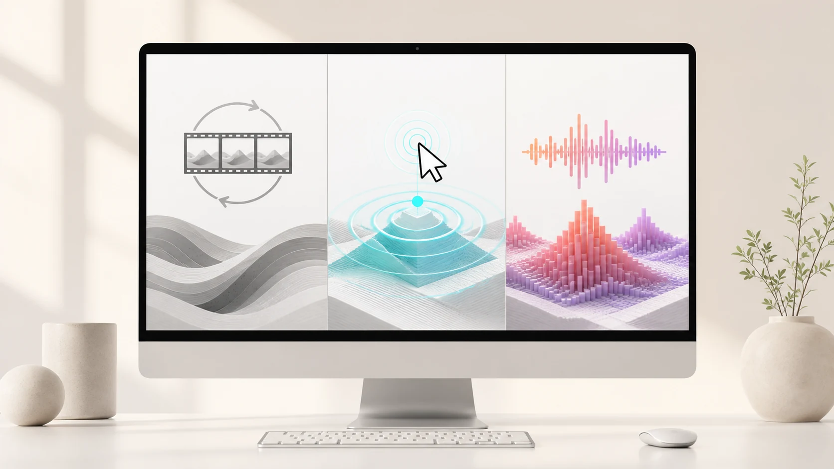 Three Mac wallpaper panels comparing predetermined animation, pointer interaction and live audio response.
