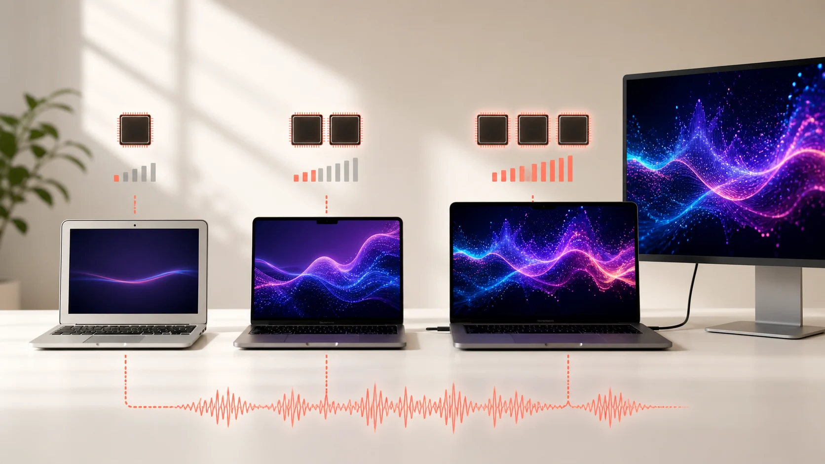 An older Mac, a MacBook Air and a MacBook Pro with external display handling increasingly rich live wallpapers.