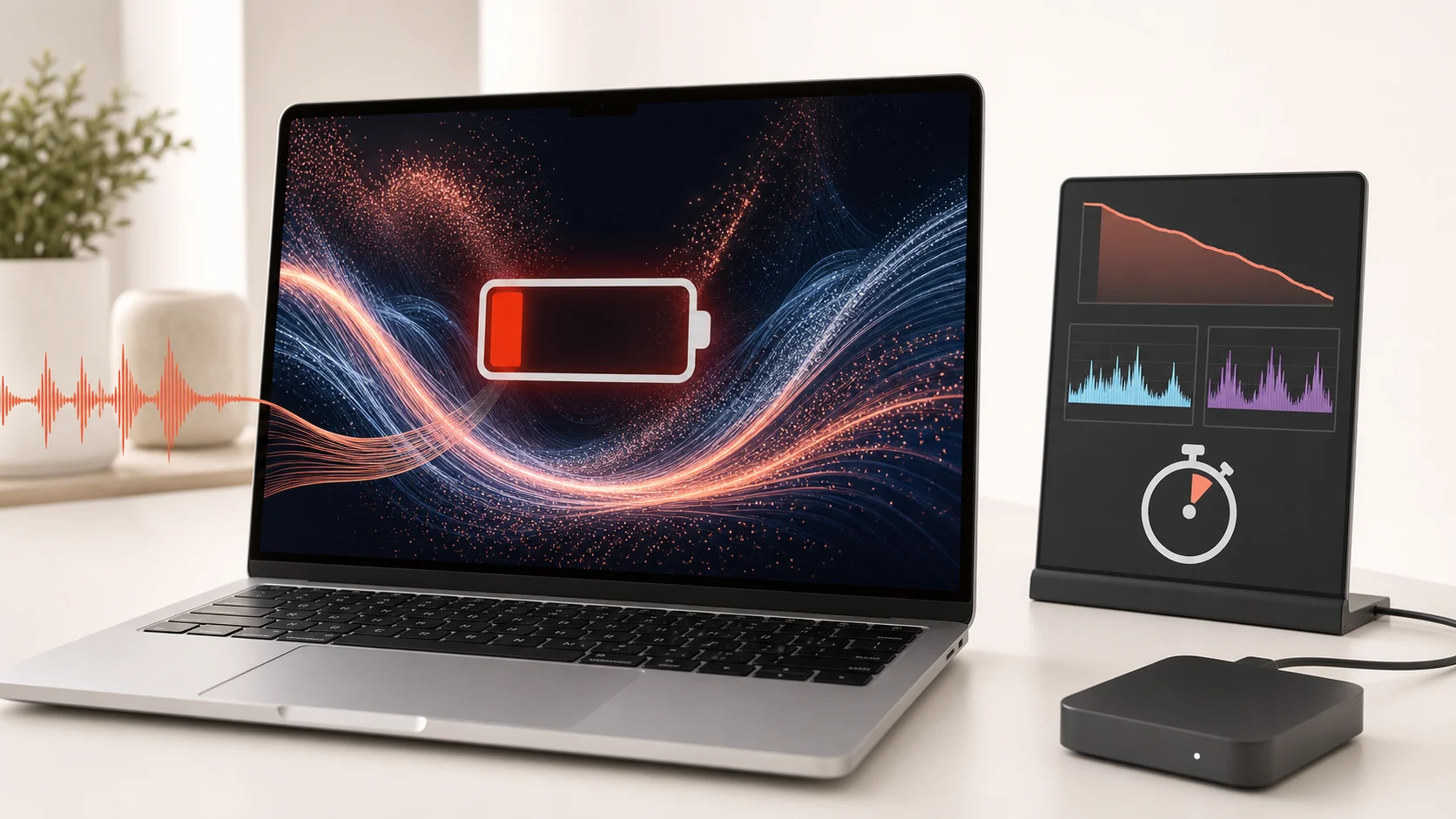 A MacBook showing a low battery while energy graphs measure a music-reactive wallpaper.