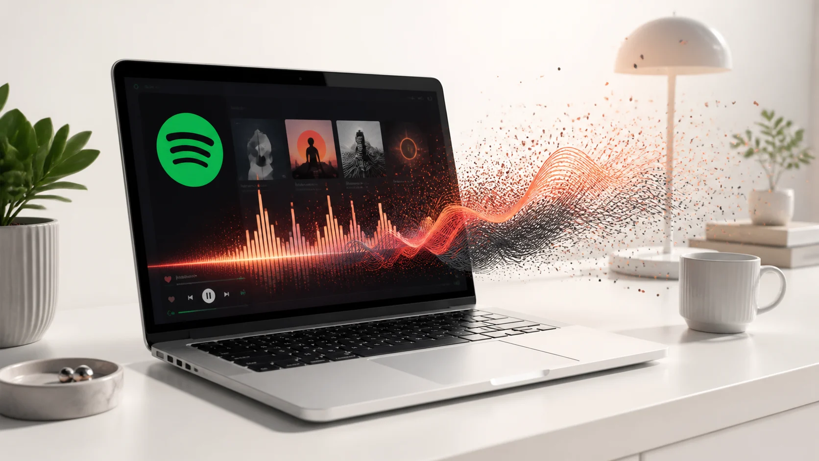 Spotify playing on a MacBook as a live coral audio visualization flows from the screen.