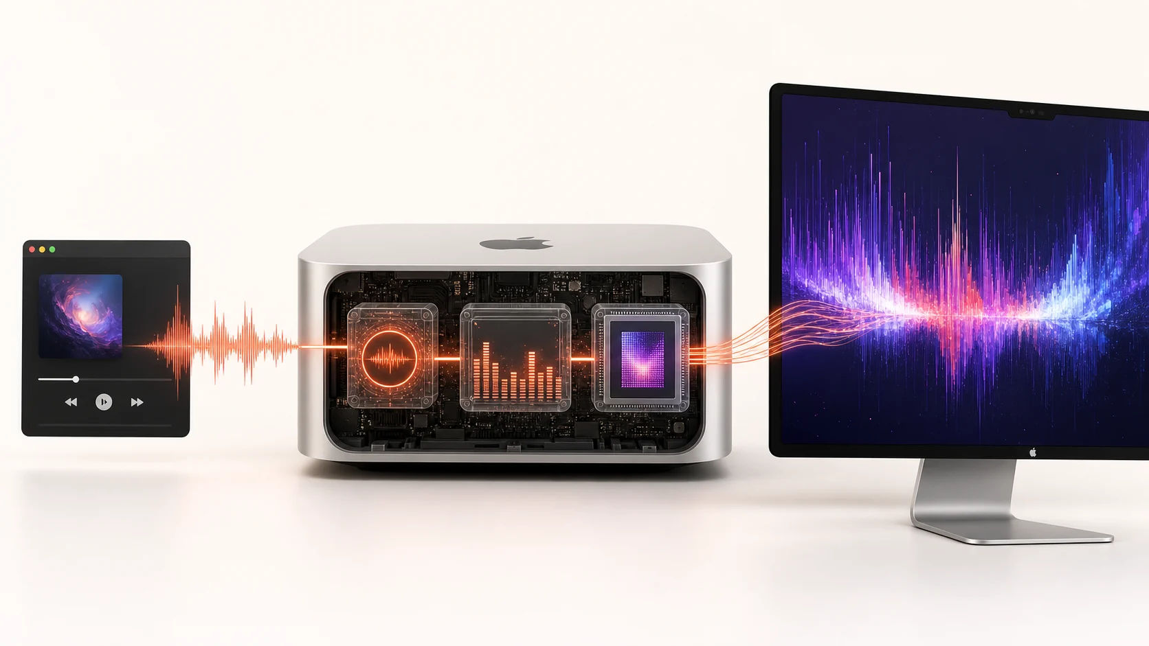 Audio moving from a player through local capture, analysis and GPU rendering into a Mac display.