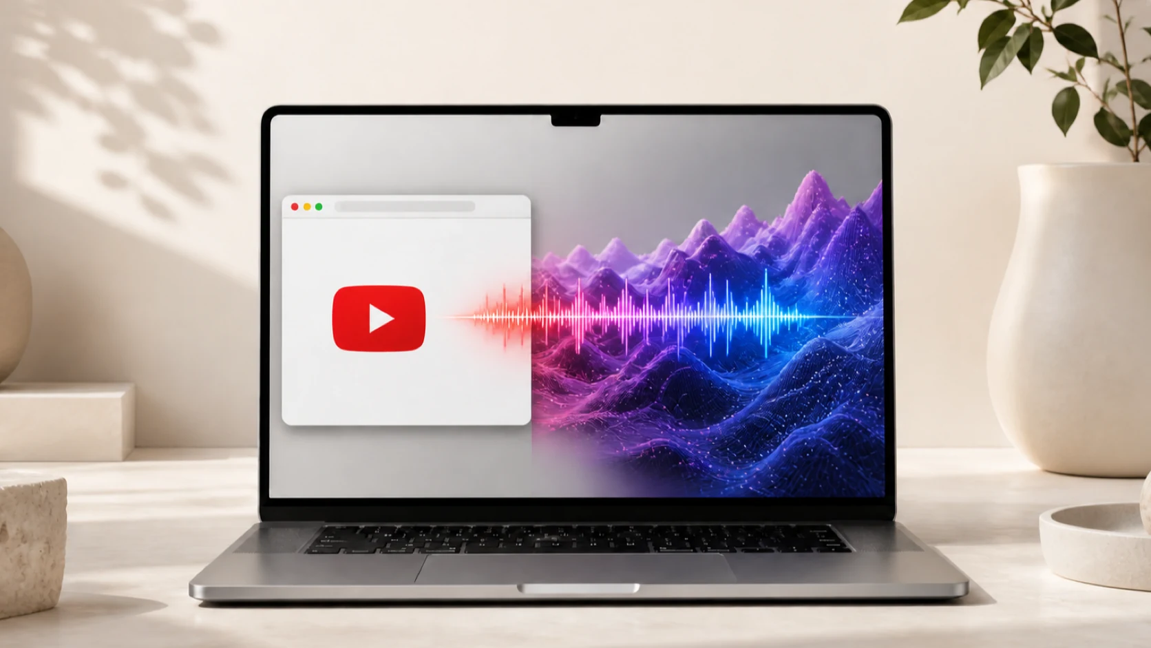 A YouTube video playing in a Mac browser while its audio drives a live visual wallpaper behind the window.